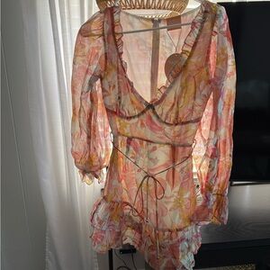 Sage and Paige Floral Ruffle Tie-Waist Mini Dress - Pink Peach Yellow